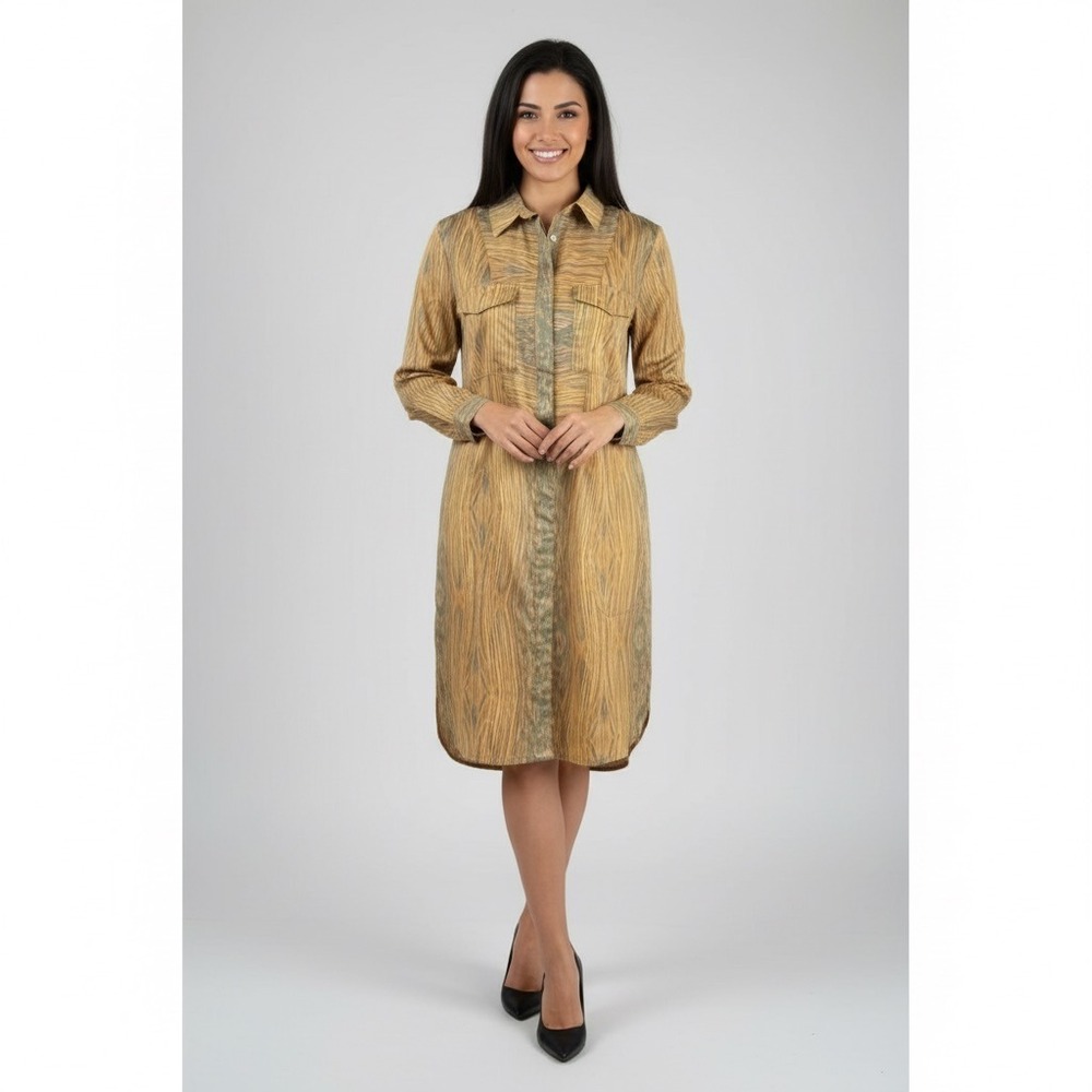 Derek Lam X Design Nation Shirt Dress Medium Woodgrain‎ Print Long Sleeve Orange